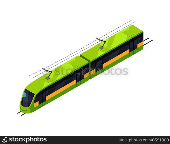 Tramway isometric projection icon. Green electric tram vector illustration isolated on white background. City public transport. For game environment, urban infographics, logo, web design. Tramway Vector Icon in Isometric Projection