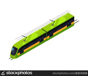 Tramway isometric projection icon. Green electric tram vector illustration isolated on white background. City public transport. For game environment, urban infographics, logo, web design. Tramway Vector Icon in Isometric Projection