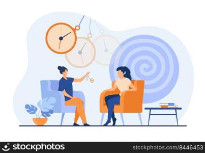 Trance effect on woman during session of hypnosis therapy isolated flat vector illustration. Abstract psychedelic whirlpool and chatelaine watch. Altered state of mind and unconsciousness concept