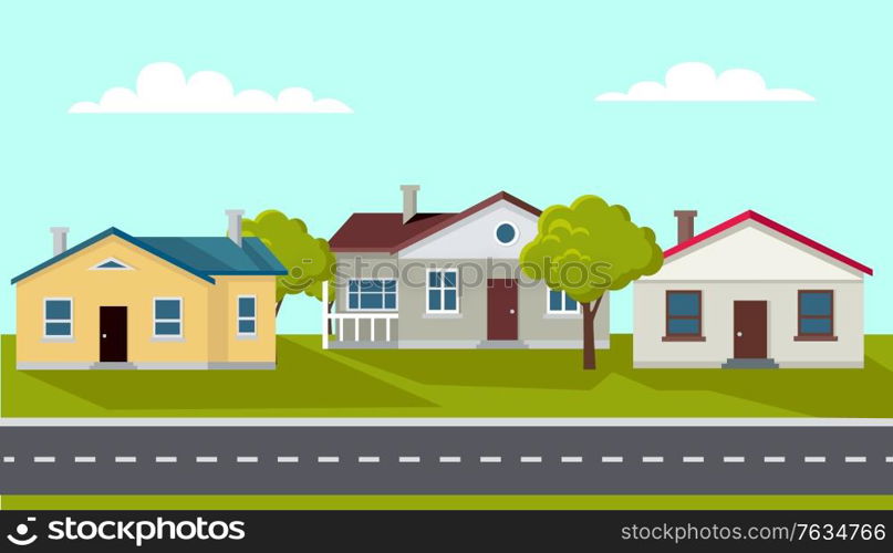 Tranquil town with few buildings, calm city with trees and greenery, nature and lawns by estates. Hometown with relaxing atmosphere. Vector illustration in flat cartoon style. Modern City View, Cityscape of Town with Road