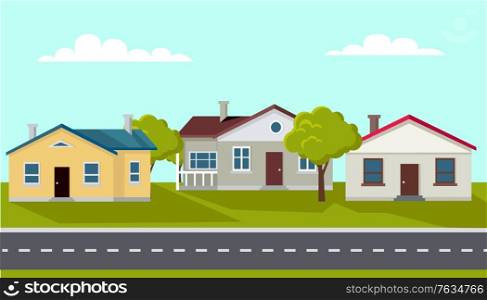 Tranquil town with few buildings, calm city with trees and greenery, nature and lawns by estates. Hometown with relaxing atmosphere. Vector illustration in flat cartoon style. Modern City View, Cityscape of Town with Road