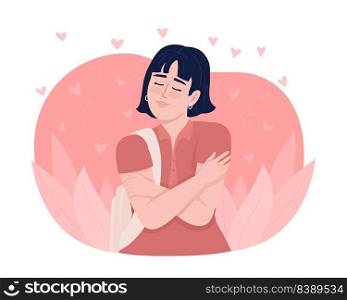 Tranquil woman embracing herself 2D vector isolated illustration. Positive flat character on cartoon background. Healthy self esteem colourful editable scene for mobile, website, presentation. Tranquil woman embracing herself 2D vector isolated illustration