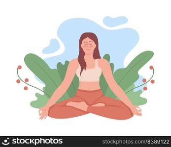 Tranquil woman meditating outdoor 2D vector isolated illustration. Spiritual flat character on cartoon background. Life balance colourful editable scene for mobile, website, presentation. Tranquil woman meditating outdoor 2D vector isolated illustration