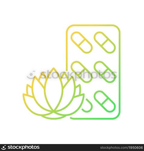 Tranquilizing supplements gradient linear vector icon. Stress relieving complementary medicine. Pills for peaceful rest. Thin line color symbol. Modern style pictogram. Vector isolated outline drawing. Tranquilizing supplements gradient linear vector icon