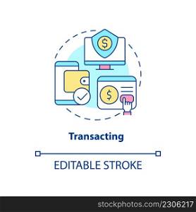 Transacting concept icon. Online banking. Money management. Digital skills abstract idea thin line illustration. Isolated outline drawing. Editable stroke. Arial, Myriad Pro-Bold fonts used. Transacting concept icon