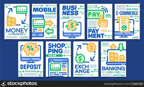 Transaction Money Advertising Banners Set Vector. Online Mobile And Internet Banking Payment And Shopping, Money Transfer And Exchange. Bank Account Concept Template Stylish Colored Illustrations. Transaction Money Advertising Banners Set Vector