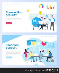 Transaction security and technical support online web pages vector. Operators help service, Internet shopping payments safety, laptop and global network. Website template, landing page in flat style. Transaction Security and Technical Support Pages
