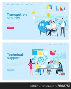 Transaction security and technical support website vector. Men and women with laptops in headphones, global network and Internet safety, operators. Webpage template landing page in flat. Transaction Security and Technical Support Website