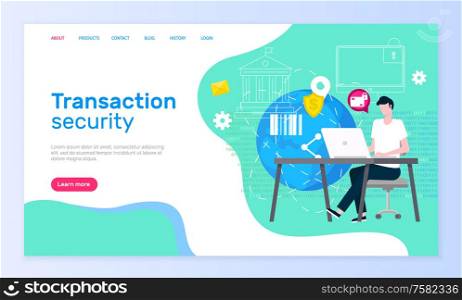 Transaction security online support service web page vector. Global network and Internet shopping safety and payment, operator at laptop answering messages. Website template landing page in flat. Transaction Security Online Support Service Page