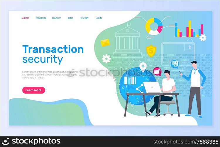 Transaction security team males working in bank vector. Man conducting payments with innovative technologies, people working online website text. Webpage template landing page in flat. Transaction Security People Bank Workers Laptops