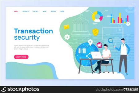 Transaction security team males working in bank vector. Man conducting payments with innovative technologies, people working online website text. Webpage template landing page in flat. Transaction Security People Bank Workers Laptops