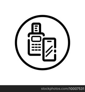 Transaction with smartphone. Shipping terminal payment. Pay with mobile. Commerce outline icon in a circle. Isolated vector illustration