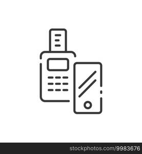 Transaction with smartphone thin line icon. Shipping terminal payment. Pay with mobile. Isolated outline commerce vector illustration