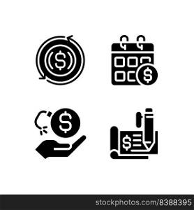 Transactions and payments black glyph icons set on white space. Monthly income. Financial risk. Chequebook. Replacement mortgage. Silhouette symbols. Solid pictogram pack. Vector isolated illustration. Transactions and payments black glyph icons set on white space