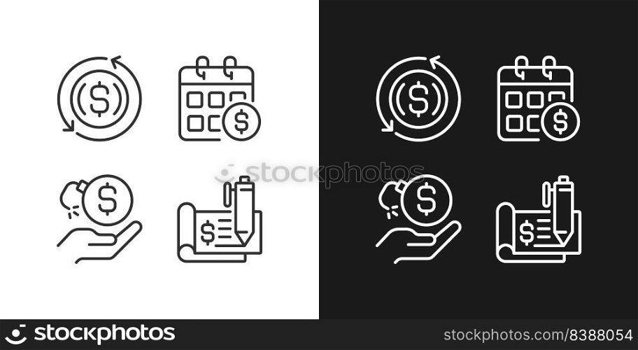 Transactions and payments pixel perfect linear icons set for dark, light mode. Monthly income. Financial risk. Thin line symbols for night, day theme. Isolated illustrations. Editable stroke. Transactions and payments pixel perfect linear icons set for dark, light mode