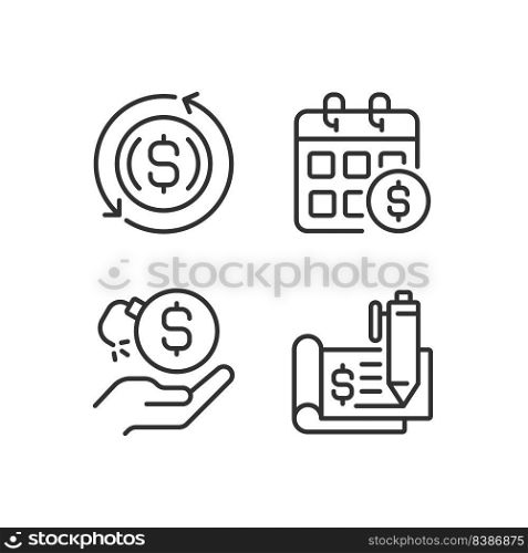 Transactions and payments pixel perfect linear icons set. Monthly income. Financial risk. Chequebook. Customizable thin line symbols. Isolated vector outline illustrations. Editable stroke. Transactions and payments pixel perfect linear icons set