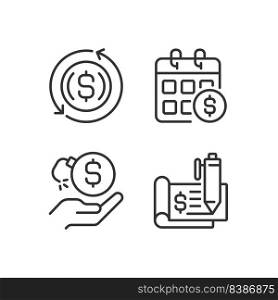 Transactions and payments pixel perfect linear icons set. Monthly income. Financial risk. Chequebook. Customizable thin line symbols. Isolated vector outline illustrations. Editable stroke. Transactions and payments pixel perfect linear icons set