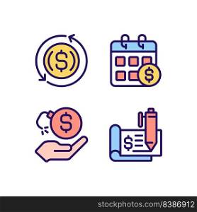Transactions and payments pixel perfect RGB color icons set. Monthly income. Financial risk. Chequebook. Isolated vector illustrations. Simple filled line drawings collection. Editable stroke. Transactions and payments pixel perfect RGB color icons set