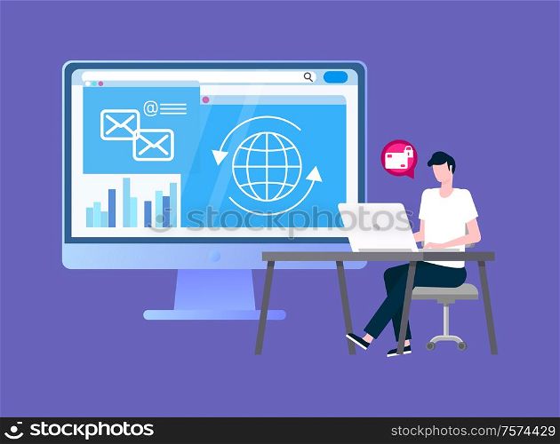 Transactions security service operator with laptop vector. Man at desktop, computer monitor with online payments safety and statistics page, graphic. Transactions Security Service Operator with Laptop