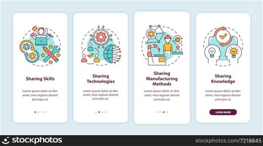 Transfer methods onboarding mobile app page screen. Sharing skills and technologies walkthrough 4 steps graphic instructions with concepts. UI, UX, GUI vector template with linear color illustrations. Transfer methods onboarding mobile app page screen