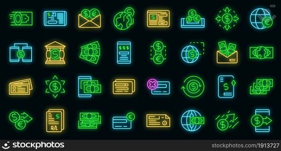 Transfer money icons set. Outline set of transfer money vector icons neon color on black. Transfer money icons set vector neon