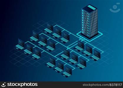 Transfer of user data to the server. Data flow. Data storage. Server. Digital space. Data center. Big Data. Conceptual illustration. Isometric vector illustration.