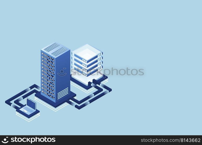 Transfer of user data to the server. Data hosting. Data flow. Data storage. Server. Digital space. Data center. Big Data. Technology. Conceptual illustration. Isometric vector illustration.