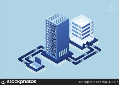 Transfer of user data to the server. Data hosting. Data flow. Data storage. Server. Digital space. Data center. Big Data. Technology. Conceptual illustration. Isometric vector illustration.