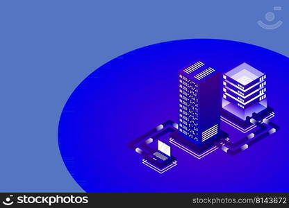 Transfer of user data to the server. Data hosting. Data flow. Data storage. Server. Digital space. Data center. Big Data. Technology. Conceptual illustration. Isometric vector illustration.