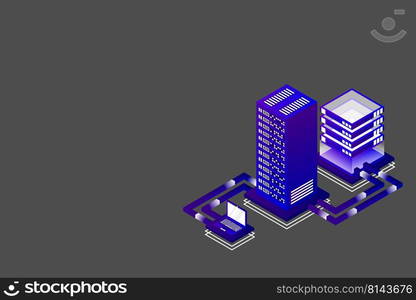 Transfer of user data to the server. Data hosting. Data flow. Data storage. Server. Digital space. Data center. Big Data. Technology. Conceptual illustration. Isometric vector illustration.