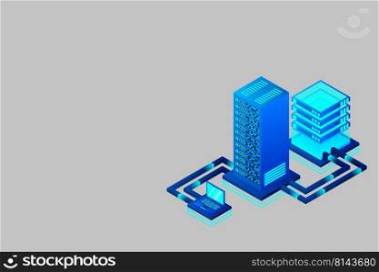 Transfer of user data to the server. Data hosting. Data flow. Data storage. Server. Digital space. Data center. Big Data. Technology. Conceptual illustration. Isometric vector illustration.