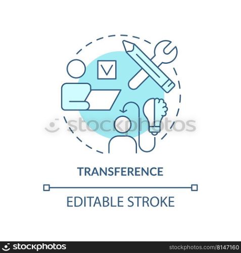 Transference turquoise concept icon. Apply knowledge to work. Principle of learning abstract idea thin line illustration. Isolated outline drawing. Editable stroke. Arial, Myriad Pro-Bold fonts used. Transference turquoise concept icon