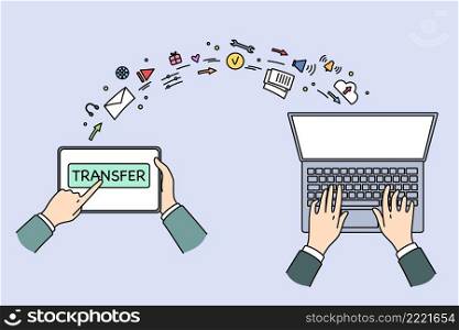 Transferring information and technologies concept. Top view flat-lay of human hands and laptop and transferring information emails to memory vector illustration . Transferring information and technologies concept