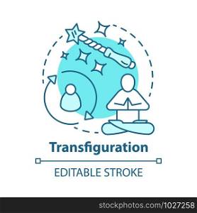 Transfiguration concept icon. Wizardry and sorcery idea thin line illustration. Appearance alteration spell. Wizard wand and meditating monk vector isolated outline drawing. Editable stroke