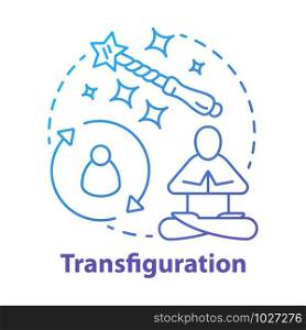 Transfiguration concept icon. Wizardry and witchcraft idea thin line illustration. Appearance alteration, transformation spell. Wizard wand and meditating monk vector isolated outline drawing