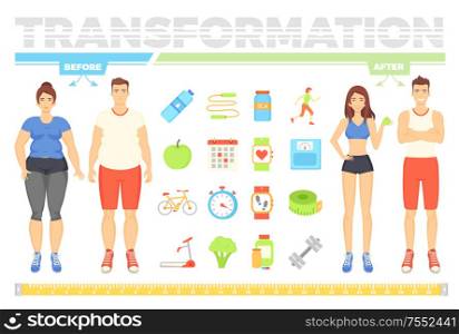Transformation before fat man and woman and after, people on diet, symbols of healthy lifestyle. Food and activity, sport equipment for training vector. Transformation of People Before and After Vector