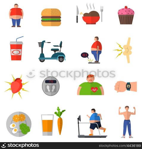 Transformation From Obesity To Healthy Lifestyle. Transformation from obesity to healthy lifestyle with icons of good nutrition wrong food isolated vector illustration