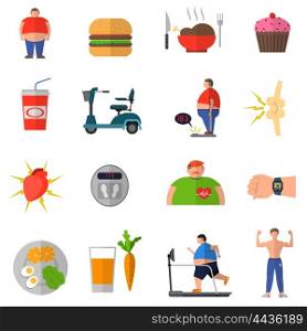 Transformation From Obesity To Healthy Lifestyle. Transformation from obesity to healthy lifestyle with icons of good nutrition wrong food isolated vector illustration