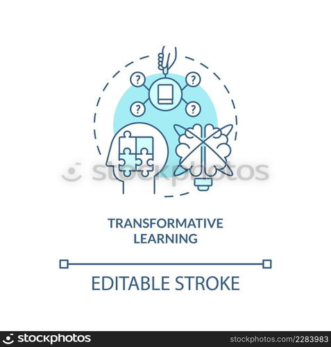 Transformative learning turquoise concept icon. Adult education theories and forms abstract idea thin line illustration. Isolated outline drawing. Editable stroke. Arial, Myriad Pro-Bold fonts used. Transformative learning turquoise concept icon