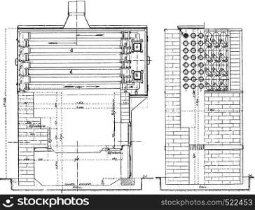 Transformer or steam superheater, Maiche system, vintage engraved illustration. Industrial encyclopedia E.-O. Lami - 1875.