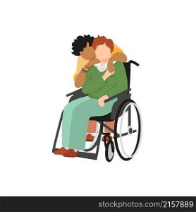 Transgender non-binary dark-skinned black-haired curly person warmly hugging a disabled red-haired fair-skinned partner sitting in wheelchair. Vector cartoon illustration isolated on white background