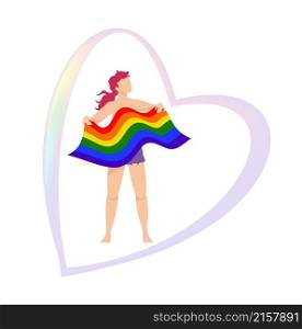Transgender non-binary neutral gender curly person, red head proudly raised, long hair, ripped shorts, holding a waving LGBTQA+ flag (rainbow, pride flag), a big pale rainbow heart silhouette behind. Transgender red head person holding LGBTQA+ flag (rainbow, pride flag), heart silhouette behind