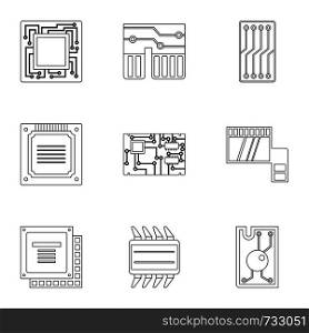 Transistor icons set. Outline style set of 9 transistor vector icons for web design. Transistor icons set, outline style