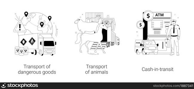 Transit and logistics abstract concept vector illustration set. Transport of dangerous goods, animal transportation, cash-in-transit, barrels storage, truck trailer, container abstract metaphor.. Transit and logistics abstract concept vector illustrations.
