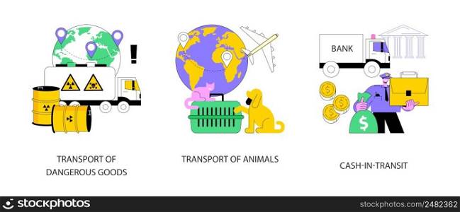 Transit and logistics abstract concept vector illustration set. Transport of dangerous goods, animal transportation, cash-in-transit, barrels storage, truck trailer, container abstract metaphor.. Transit and logistics abstract concept vector illustrations.