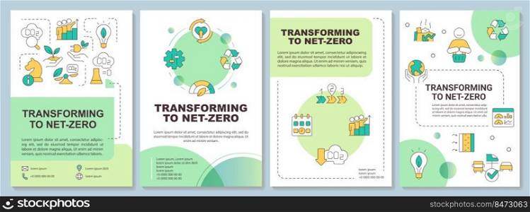 Transition to net zero green brochure template. Technology. Leaflet design with linear icons. Editable 4 vector layouts for presentation, annual reports. Arial-Bold, Myriad Pro-Regular fonts used. Transition to net zero green brochure template
