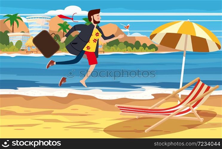 Transition to Vacation. Businessman in business clothes making the transition from a separate image from a suit and office to casual clothes on a beach holiday. Transition to Vacation. Businessman in business clothes making the transition from a separate image from a suit and office to casual clothes on a beach holiday. Seascape, beach, summer vacation, sun lounger umbrella on the sea. Template banner advertising. Vector, illustration, isolated