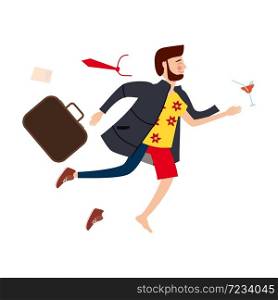Transition to Vacation. Businessman in business clothes making the transition from a separate image. Transition to Vacation. Businessman in business clothes making the transition from a separate image from a suit and office to casual clothes on a beach holiday. Vector, illustration, isolated.
