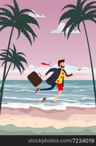 Transition to Vacation. Businessman in business clothes making the transitionon Summer Vacation. Transition to Vacation. Businessman in business clothes making the transitionon Summer Vacation Beach on Sand Sea Palm and exotic tropical seashore flora. Vector, illustration, isolated.