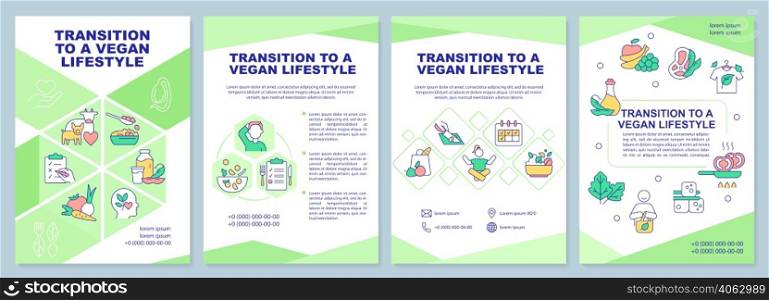 Transition to vegan lifestyle brochure template. Plant based diet. Leaflet design with linear icons. 4 vector layouts for presentation, annual reports. Arial-Black, Myriad Pro-Regular fonts used. Transition to vegan lifestyle brochure template